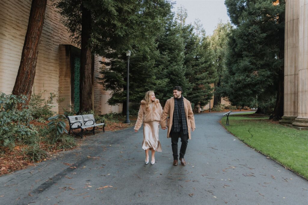 An engagement session captured by a Bay Area wedding photographer, showcasing candid moments at the Palace of Fine Arts.