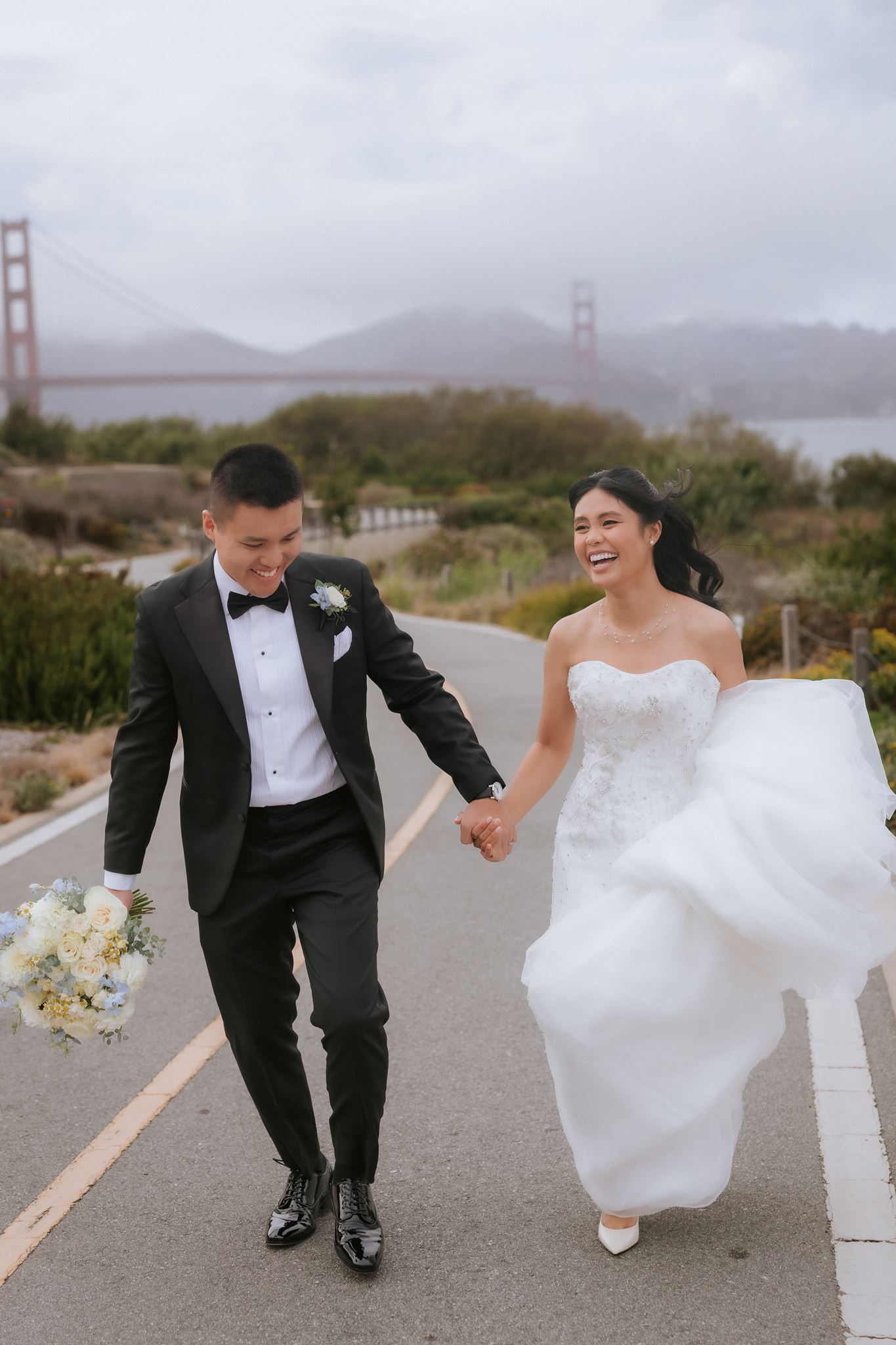 Newlywed portraits near the Golden Gate Club in the Presidio