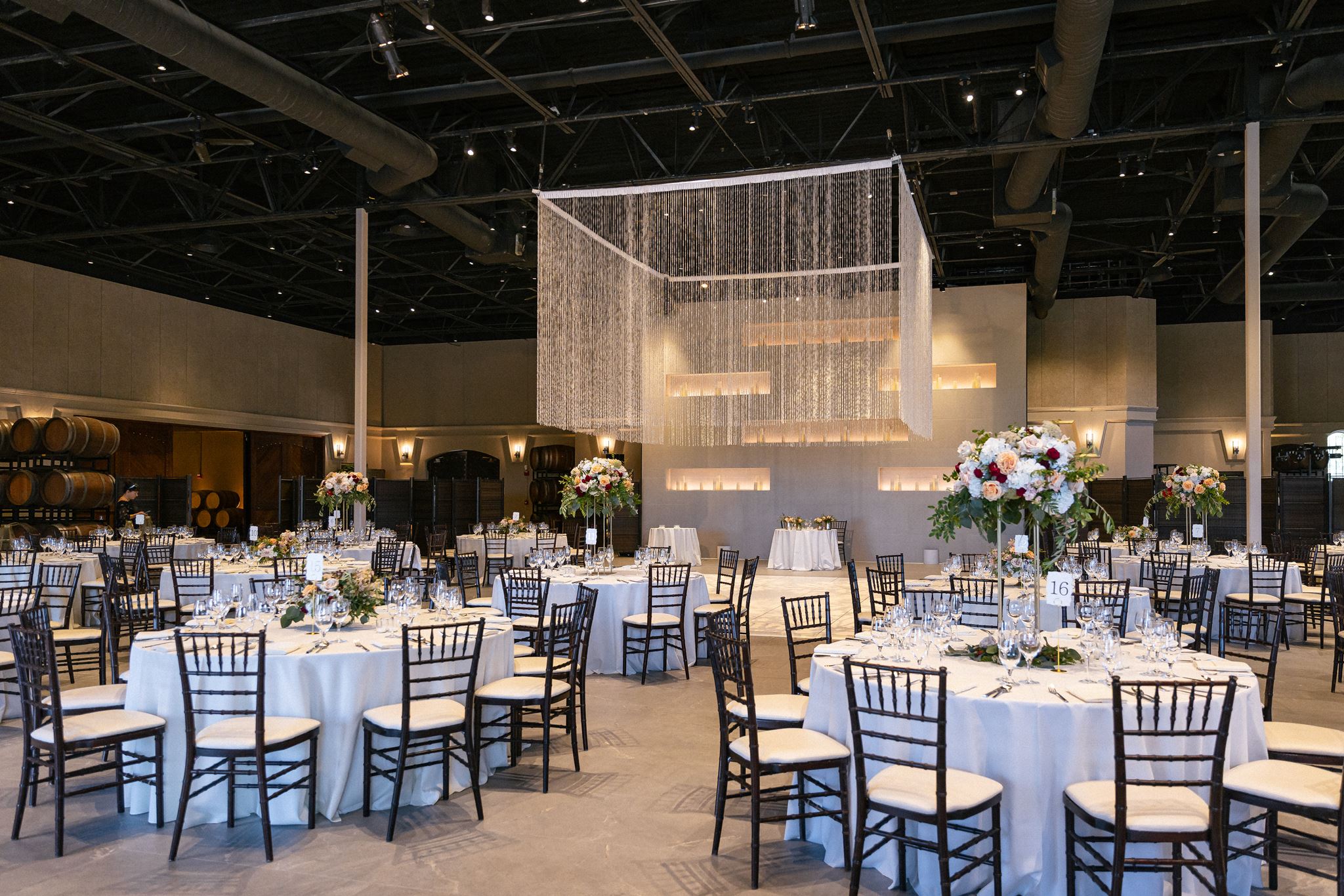 Wedding reception table details at Palm Event Center in Pleasanton, California