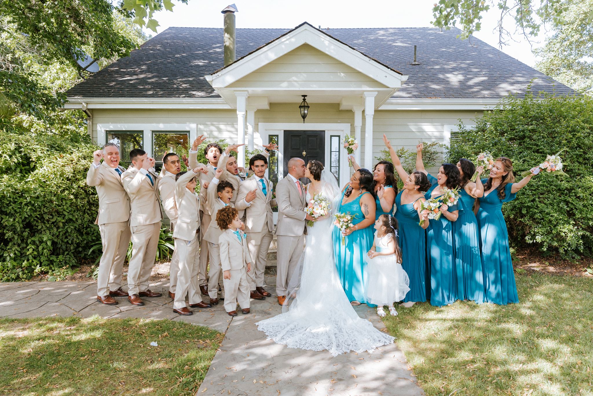 Wedding party portraits outside Vine Hill House in Sebastopol